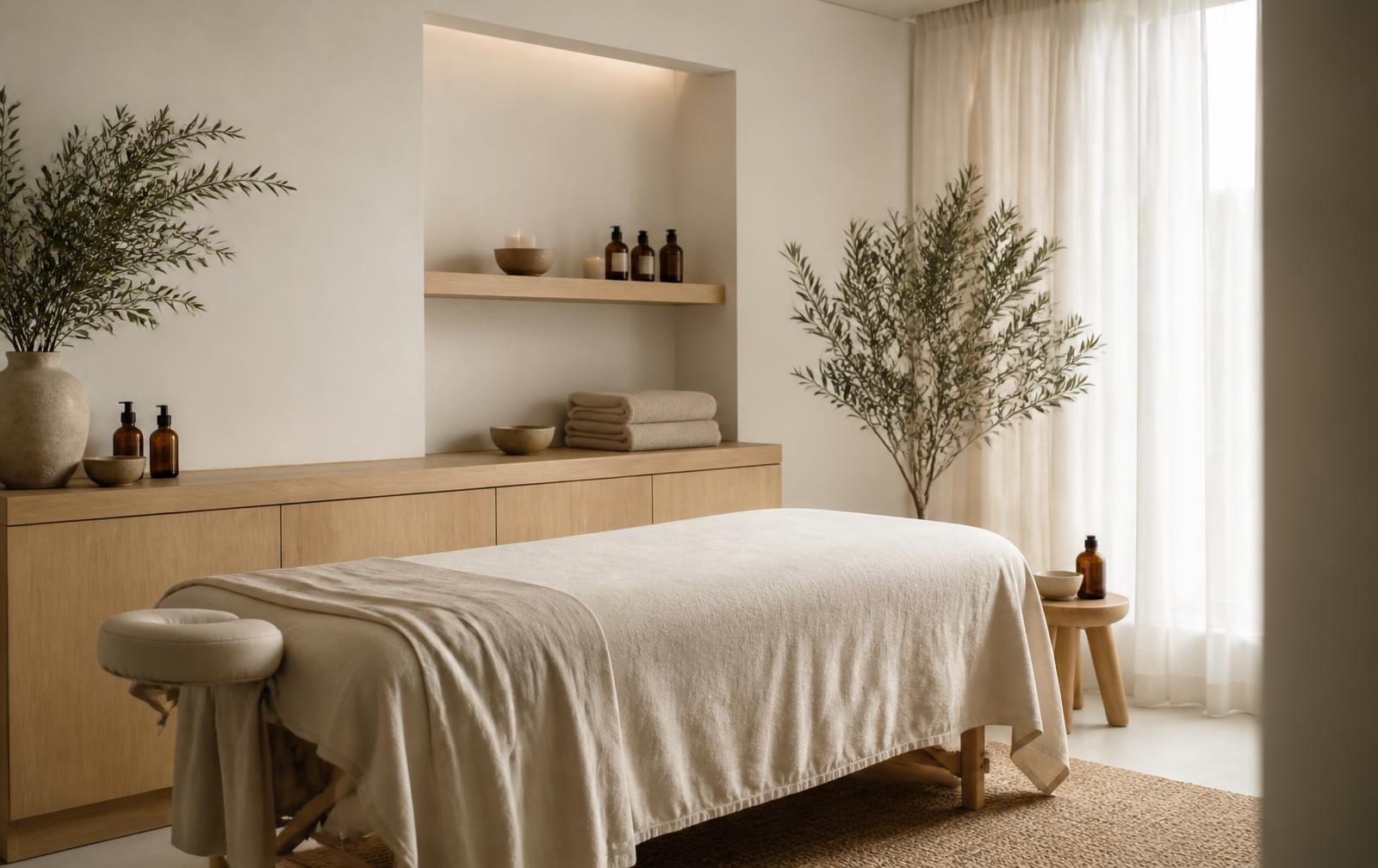Ambiente de atendimento acolhedor com maca, linho natural e madeira clara