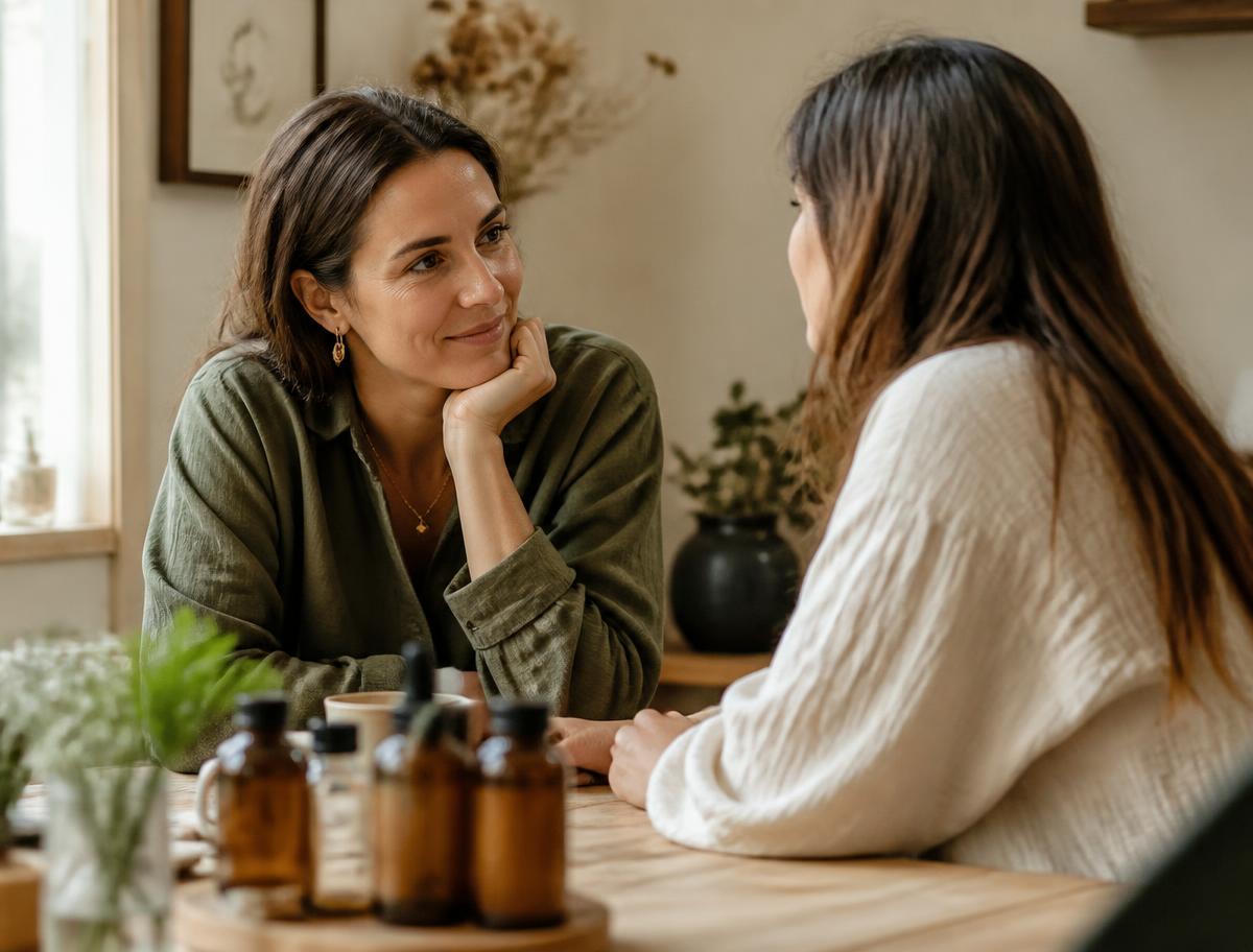 Duas mulheres conversando com acolhimento em uma mesa de madeira com frascos âmbar