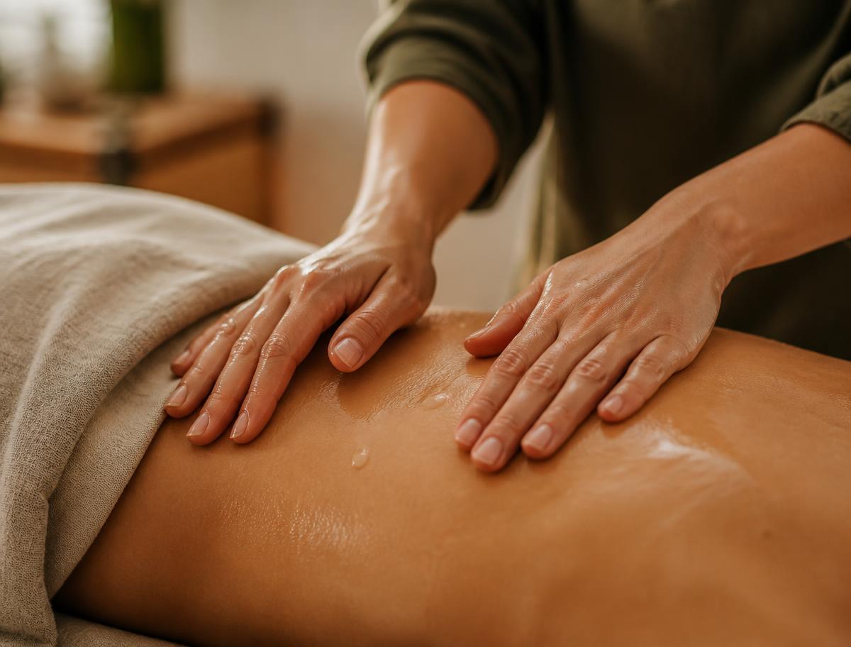 Mãos da terapeuta realizando uma massagem suave com óleo sobre a pele